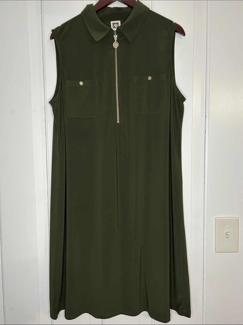Anne Klein Olive Sleeveless Midi Polo Dress with Gold Zip and logo